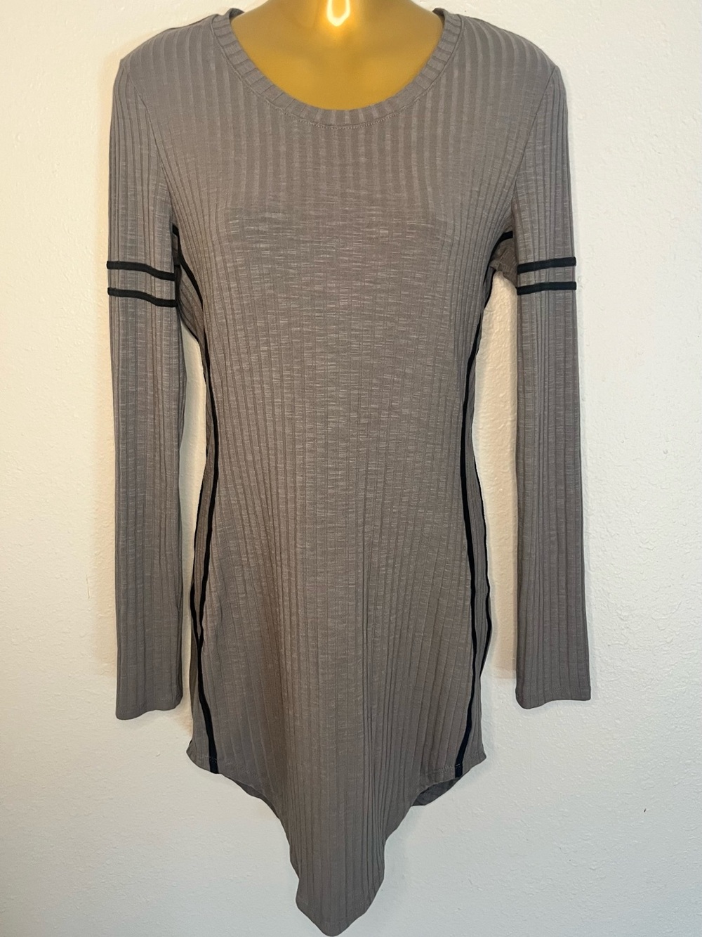Bear Dance Gray Ribbed Long Sleeve Tunic with Black Stripe Accents